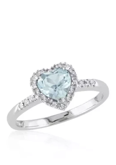 Sterling Silver Aquamarine and Diamond Heart Ring