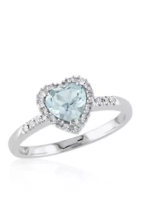Sterling Silver Aquamarine and Diamond Heart Ring