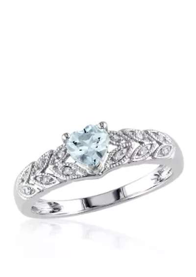 Sterling Silver Aquamarine and Diamond Heart Ring