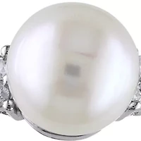10k White Gold Cultured Freshwater Pearl and Diamond Ring
