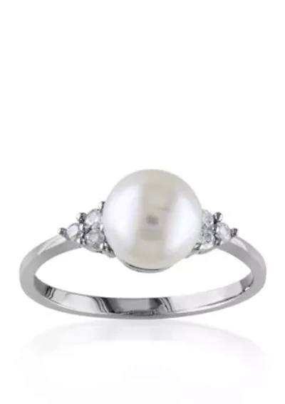 10k White Gold Cultured Freshwater Pearl and Diamond Ring