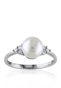 10k White Gold Cultured Freshwater Pearl and Diamond Ring