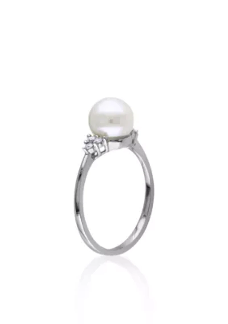 10k White Gold Cultured Freshwater Pearl and Diamond Ring