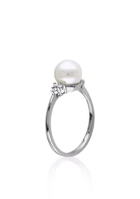 10k White Gold Cultured Freshwater Pearl and Diamond Ring
