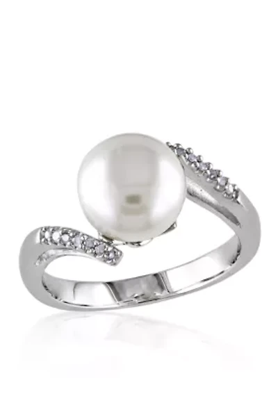 Sterling Silver White Cultured Freshwater Pearl and Diamond Ring