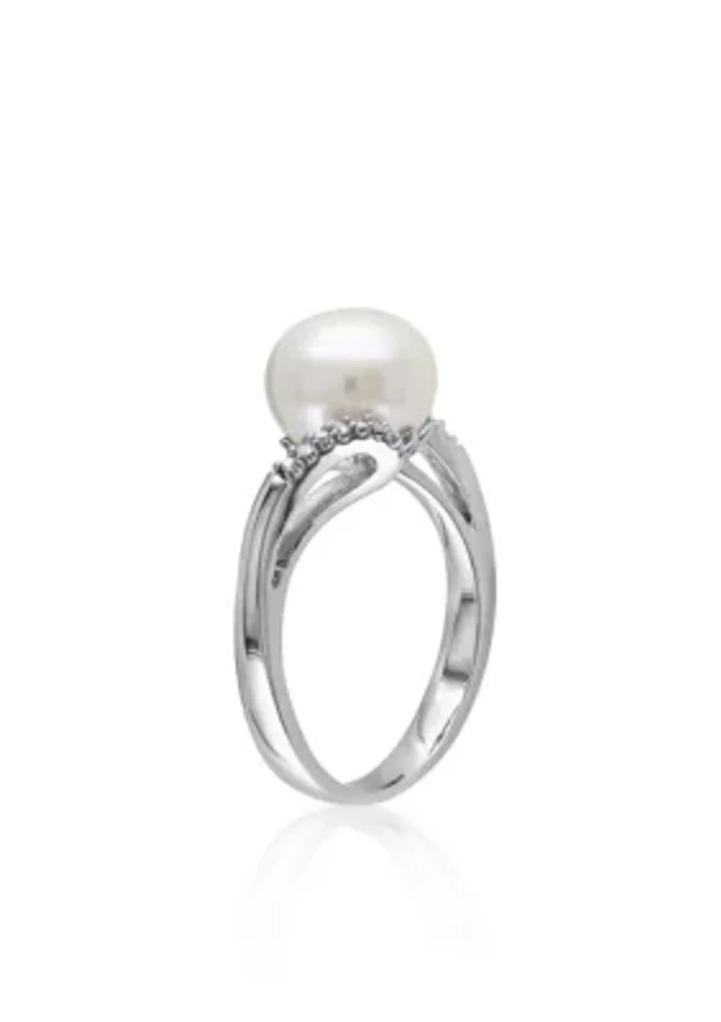 Sterling Silver White Cultured Freshwater Pearl and Diamond Ring