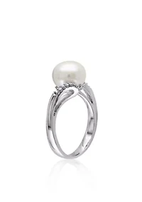 Sterling Silver White Cultured Freshwater Pearl and Diamond Ring