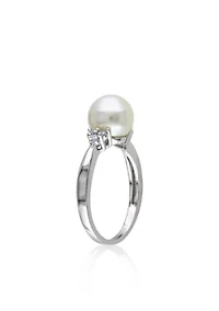 Sterling Silver White Cultured Freshwater Pearl and Diamond Ring