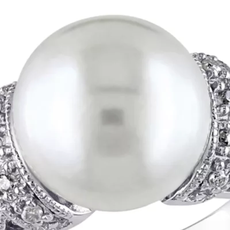 Sterling Silver White Cultured Freshwater Pearl and Diamond Ring
