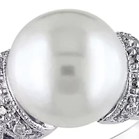 Sterling Silver White Cultured Freshwater Pearl and Diamond Ring
