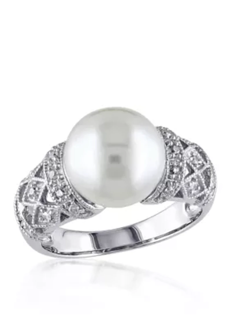 Sterling Silver White Cultured Freshwater Pearl and Diamond Ring