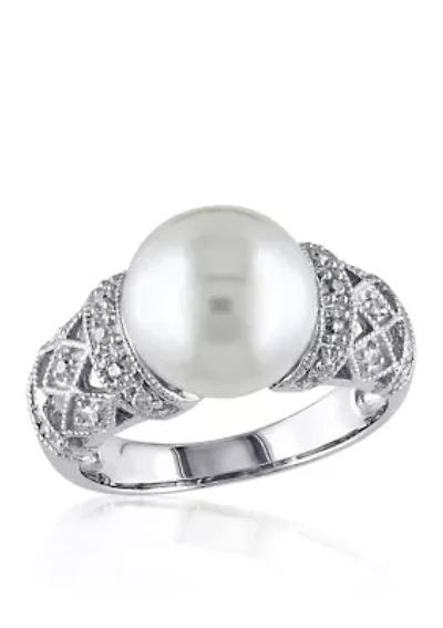 Sterling Silver White Cultured Freshwater Pearl and Diamond Ring
