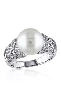 Sterling Silver White Cultured Freshwater Pearl and Diamond Ring