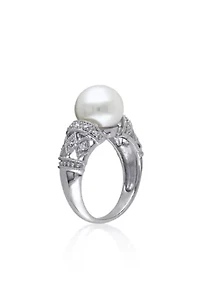 Sterling Silver White Cultured Freshwater Pearl and Diamond Ring