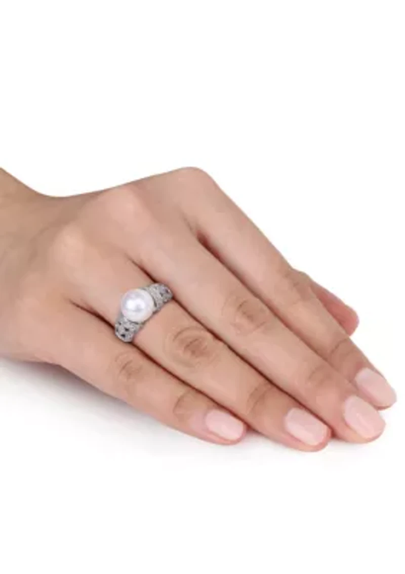 Sterling Silver White Cultured Freshwater Pearl and Diamond Ring