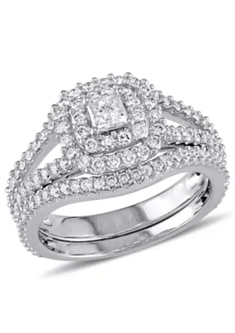 1.2 ct. t.w. Diamond Princess Cut Double Halo Split Shank Bridal Set 14k White Gold