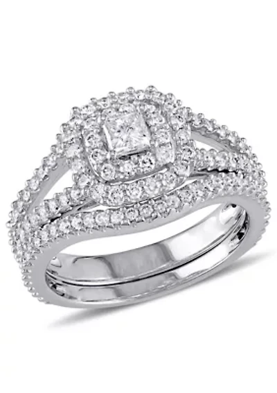 1.2 ct. t.w. Diamond Princess Cut Double Halo Split Shank Bridal Set 14k White Gold