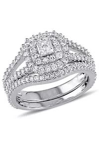 1.2 ct. t.w. Diamond Princess Cut Double Halo Split Shank Bridal Set 14k White Gold