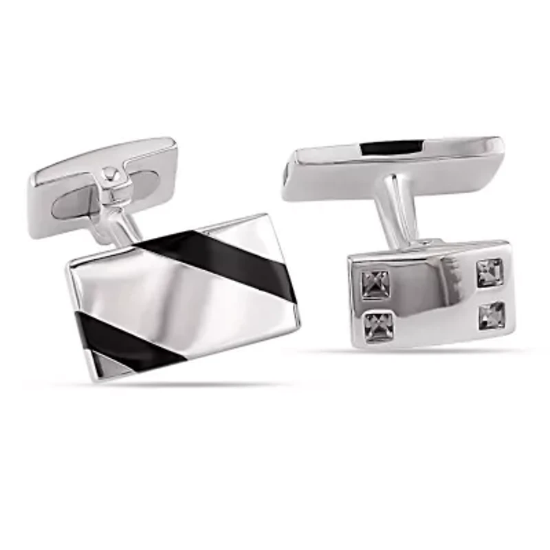 Onyx and White Square Crystal Cufflinks in Sterling Silver