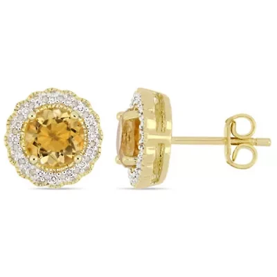 Citrine and 1/10 ct. t.w. Diamond Halo Stud Earrings in Yellow Plated Sterling Silver
