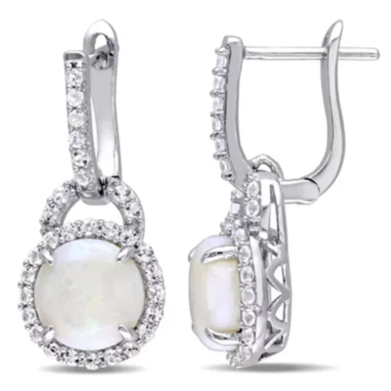 3.1 CT TGW Opal and White Topaz Hinged Hoop Charm Earrings in Sterling Silver