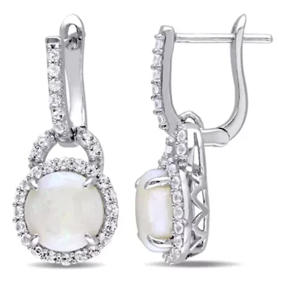3.1 CT TGW Opal and White Topaz Hinged Hoop Charm Earrings in Sterling Silver