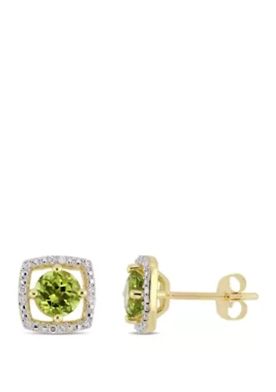 1.2 ct. t.w. Peridot and 0.07 ct. t.w. Diamond Floating Halo Square Stud Earrings in 10K Yellow Gold 