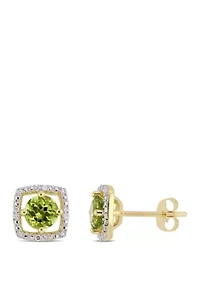 1.2 ct. t.w. Peridot and 0.07 ct. t.w. Diamond Floating Halo Square Stud Earrings in 10K Yellow Gold 