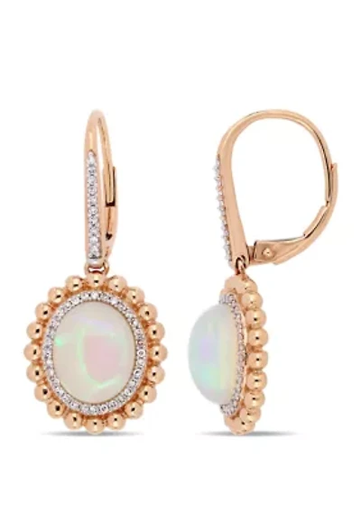 Ethiopian Blue-Hued Opal and 1/4 CT TW Diamond Halo Earrings in 14K Rose Gold