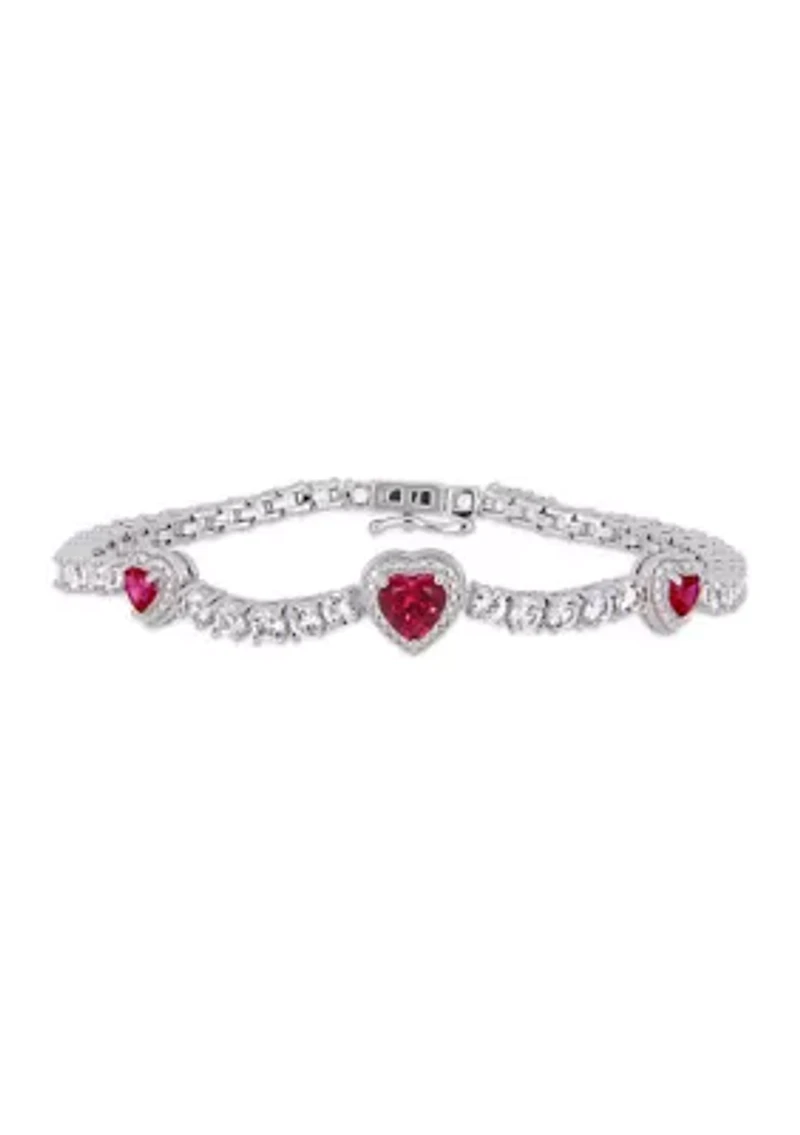Lab Created 8.42 ct. t.g.w. Created Ruby and Created White Sapphire Stationed Triple Halo Heart Tennis Bracelet in Sterling Silver