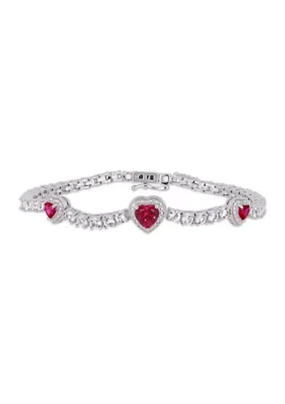 Lab Created 8.42 ct. t.g.w. Created Ruby and Created White Sapphire Stationed Triple Halo Heart Tennis Bracelet in Sterling Silver