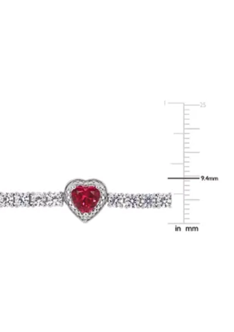 Lab Created 8.42 ct. t.g.w. Created Ruby and Created White Sapphire Stationed Triple Halo Heart Tennis Bracelet in Sterling Silver