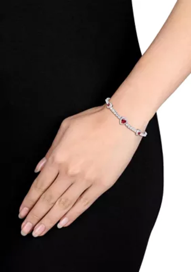 Lab Created 8.42 ct. t.g.w. Created Ruby and Created White Sapphire Stationed Triple Halo Heart Tennis Bracelet in Sterling Silver