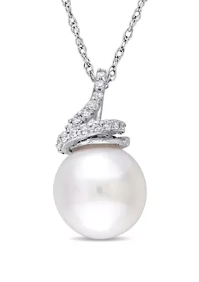 9 mm-9.5 mm Cultured Freshwater Pearl and 1/10 ct. t.w. Diamond Swirl Necklace in 10k White Gold