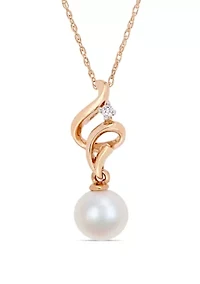 7 mm-7.5 mm Cultured Freshwater Pearl and 1/10 ct. t.w. Diamond Swirl Drop Necklace in 10k Rose Gold