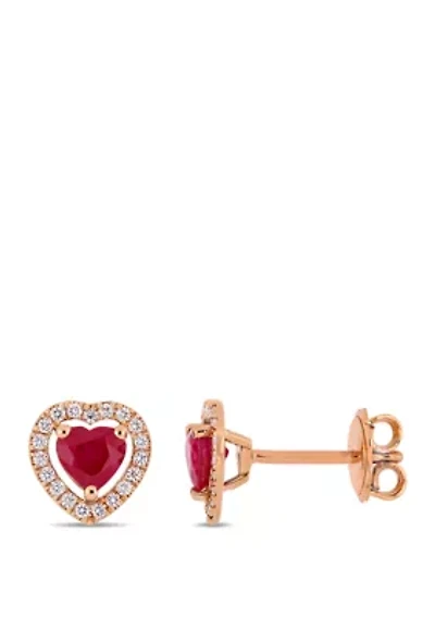 1.0 ct. t.w. Ruby and 1/5 ct. t.w. Diamond Heart Stud Earrings in 14k Rose Gold
