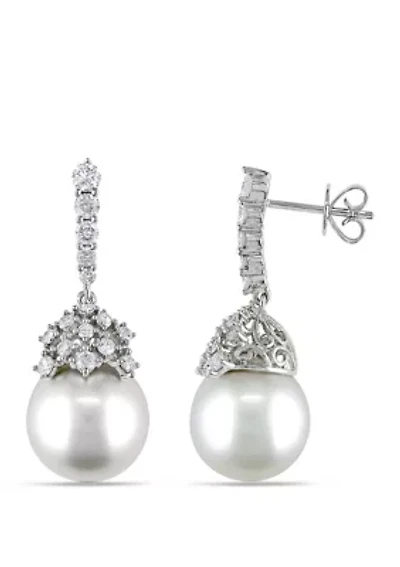 1.0 ct. t.w. Diamond and 10.5 mm-11 mm South Sea Cultured Pearl Drop Earrings in 14k White Gold