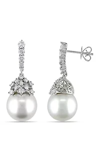 1.0 ct. t.w. Diamond and 10.5 mm-11 mm South Sea Cultured Pearl Drop Earrings in 14k White Gold