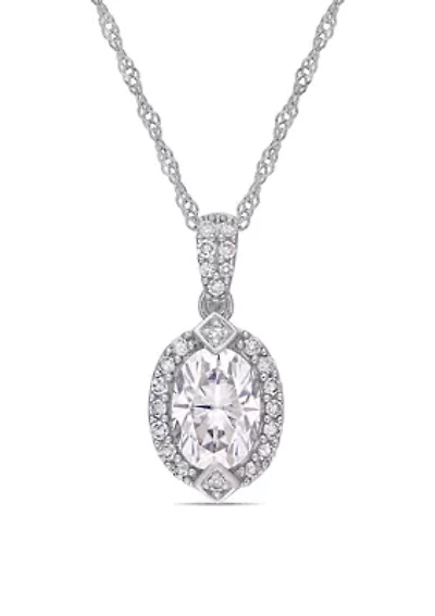 Lab Created 1 ct. t.w. Moissanite and 1/8 ct. t.w. Diamond Oval Halo Pendant with Chain in 10k White Gold