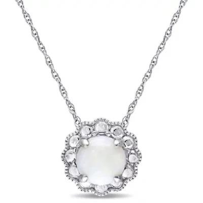 Opal Flower Pendant with Chain in 10K White Gold