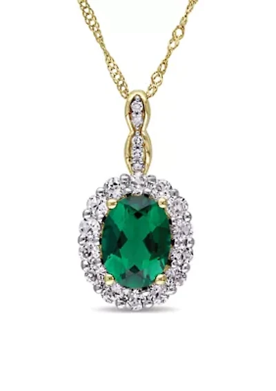 Oval Created Emerald, White Topaz, and Diamond Accent Vintage Pendant with Chain in 14k Yellow Gold