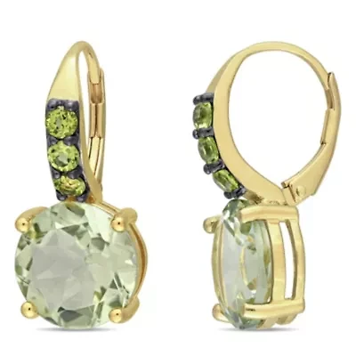 Green Quart and Peridot Drop Earrings in Yellow Plated Sterling Silver Black Rhodium Plated