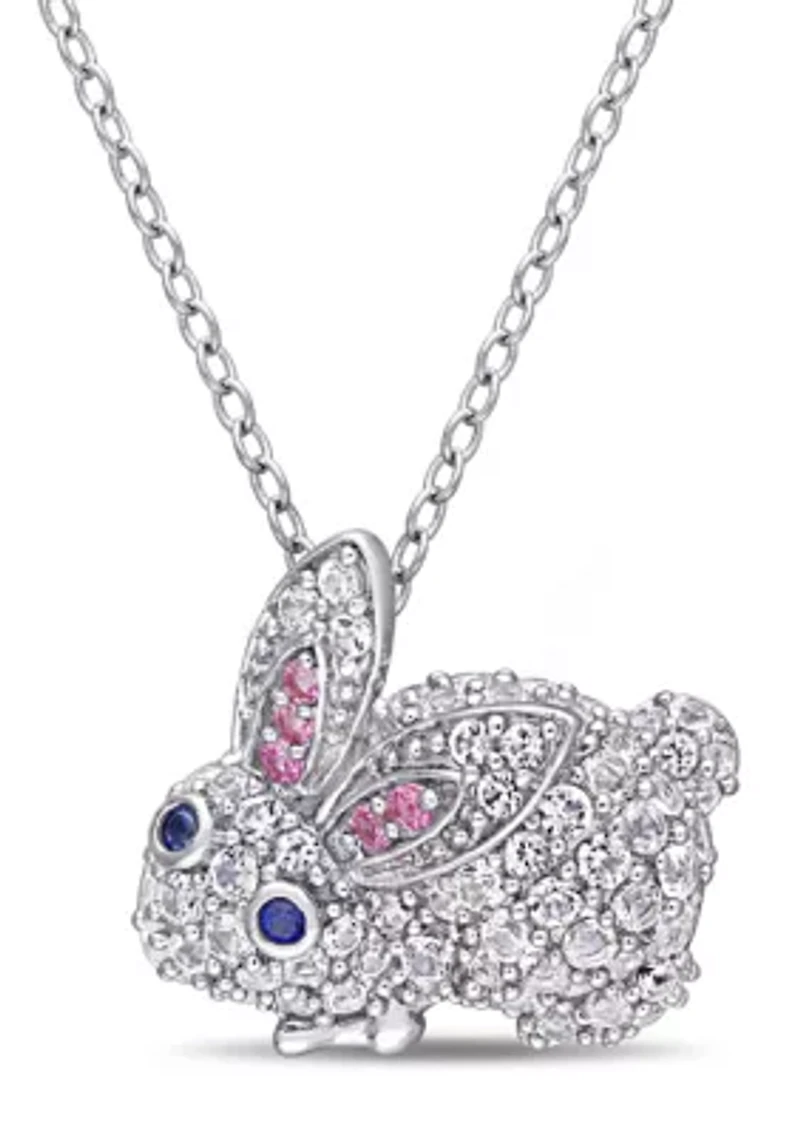 Lab Created 1.09 ct. t.g.w. Created Pink and White and Blue Sapphire Bunny Necklace in Sterling Silver