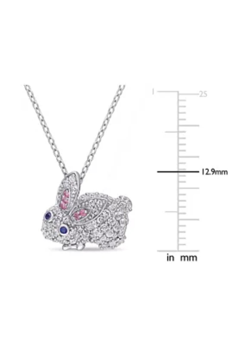 Lab Created 1.09 ct. t.g.w. Created Pink and White and Blue Sapphire Bunny Necklace in Sterling Silver