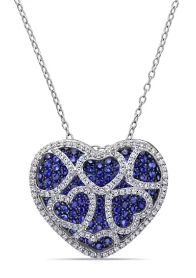 4 CT TGW Created Blue and Created White Sapphire Heart Cluster Necklace in Sterling Silver