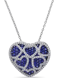 4 CT TGW Created Blue and Created White Sapphire Heart Cluster Necklace in Sterling Silver