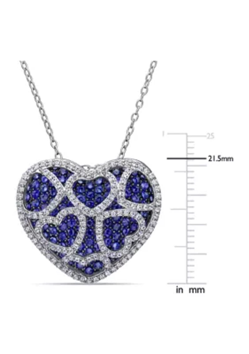 4 CT TGW Created Blue and Created White Sapphire Heart Cluster Necklace in Sterling Silver