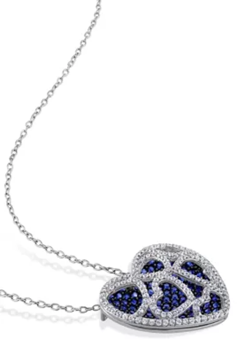 4 CT TGW Created Blue and Created White Sapphire Heart Cluster Necklace in Sterling Silver