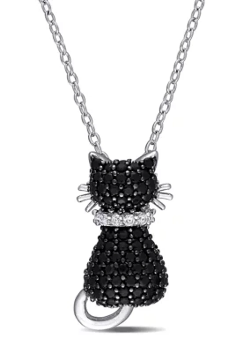 Black Spinel and Created White Sapphire Kitty Cat Pendant with Chain in Sterling Silver with Black Rhodium