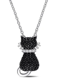 Black Spinel and Created White Sapphire Kitty Cat Pendant with Chain in Sterling Silver with Black Rhodium